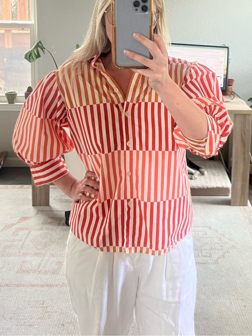 Who What Wear Red and Orange Striped Button-Down Puff Sleeve Top